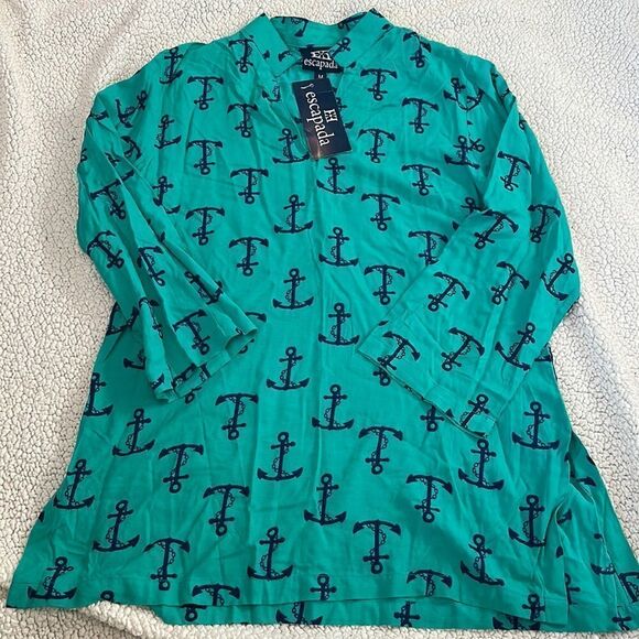 NWT Escapada 3/4 Sleev Deco Tunic ~aqua marine and navy anchor ⚓️ - Picture 1 of 6